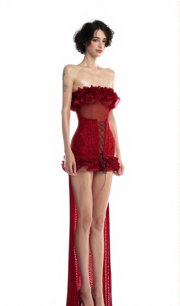 ANNA 3D FLOWER LACE STRAPLESS MINI DRESS IN RED