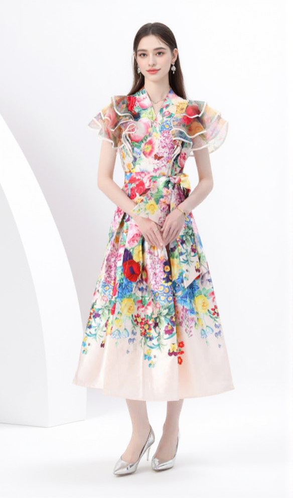 DAPHNE RUFFLED A-LINE PRINT MIDI DRESS