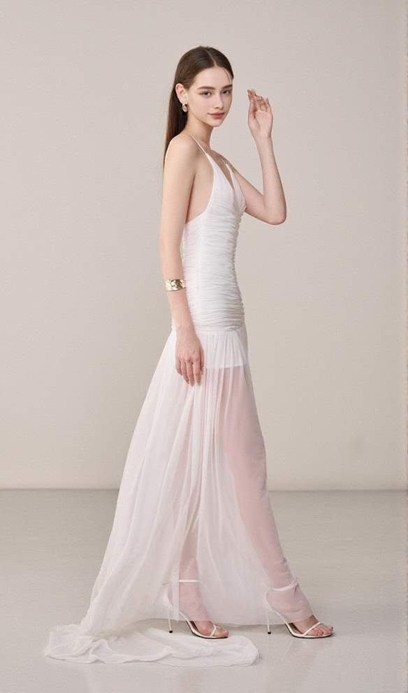BELEN DROP WAIST SPAGHETTI STRAP ORGANZA MAXI DRESS IN WHITE