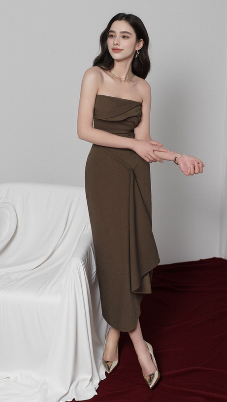 ADELAIDE STRAPLESS ASYMMETRIC MIDI DRESS IN BROWN