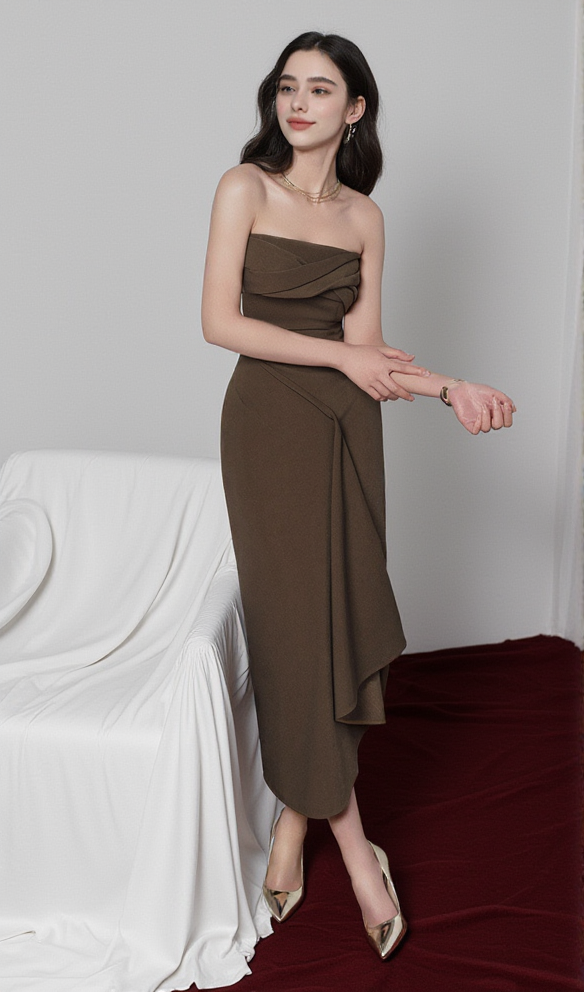 ADELAIDE STRAPLESS ASYMMETRIC MIDI DRESS IN BROWN