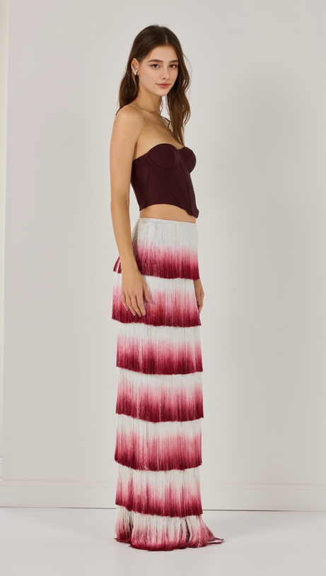 STRAPLESS TASSEL TWO PIECE MAXI DRESS BURGUNDY