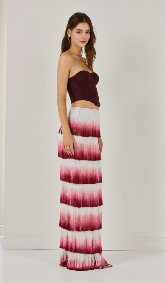 AIIZIE STRAPLESS TASSEL TWO PIECE MAXI DRESS BURGUNDY - product image
