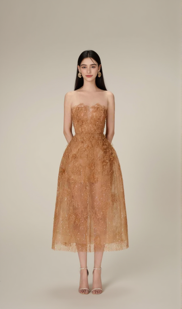 CARAMEL FLORAL LACE EMBROIDER MIDI DRESS