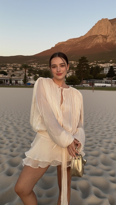 Aprikosenfarbenes, langärmliges Minikleid mit Schleife 