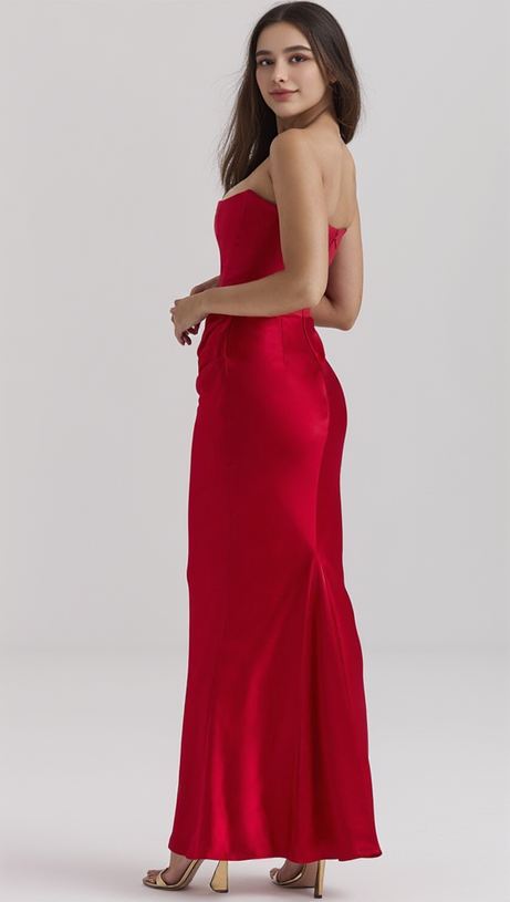 RED VELVET STRAPLESS CORSET MAXI DRESS