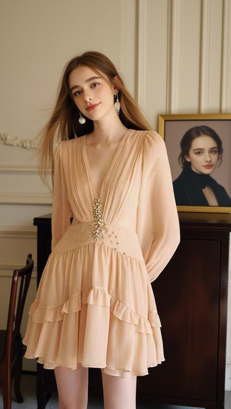 V-NECK FAIRY SILK WAIST-BARING MINI DRESS