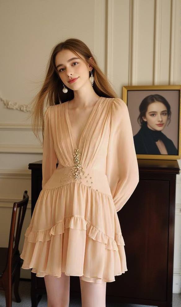 Minikleid aus Feenseide mit V-Ausschnitt und freiliegender Taille