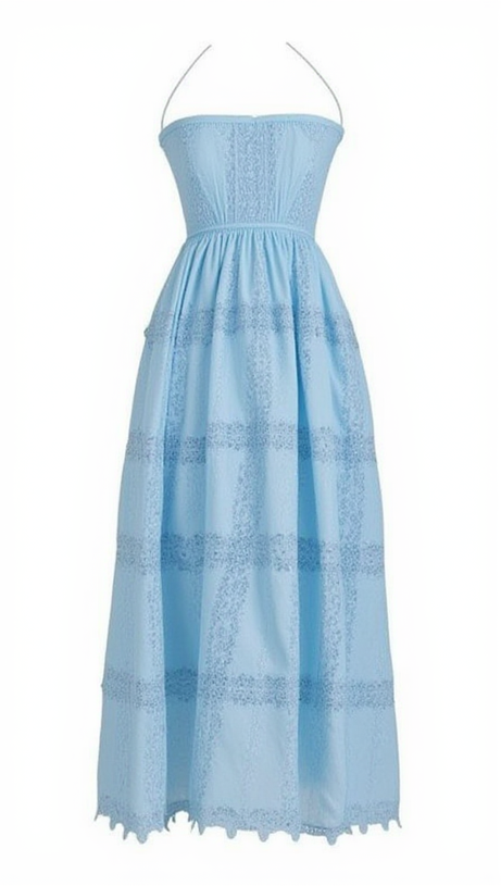 Neckholder-Maxikleid mit elastischer Brustpartie und Patchwork-Spitze in Blau 