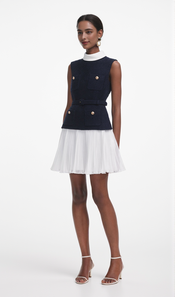 NAVY BOUCLE AND CHIFFON MINI DRESS