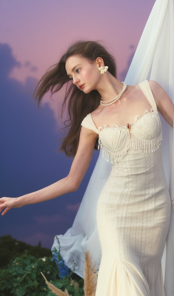 AIIZIE ATALANTA EMBELLISHED FLARED MIDI DRESS IN CREAM-WHITE - product image