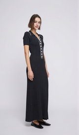Simple black lapel half-button knitted maxi dress