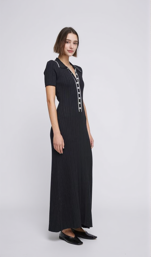 Simple black lapel half-button knitted maxi dress
