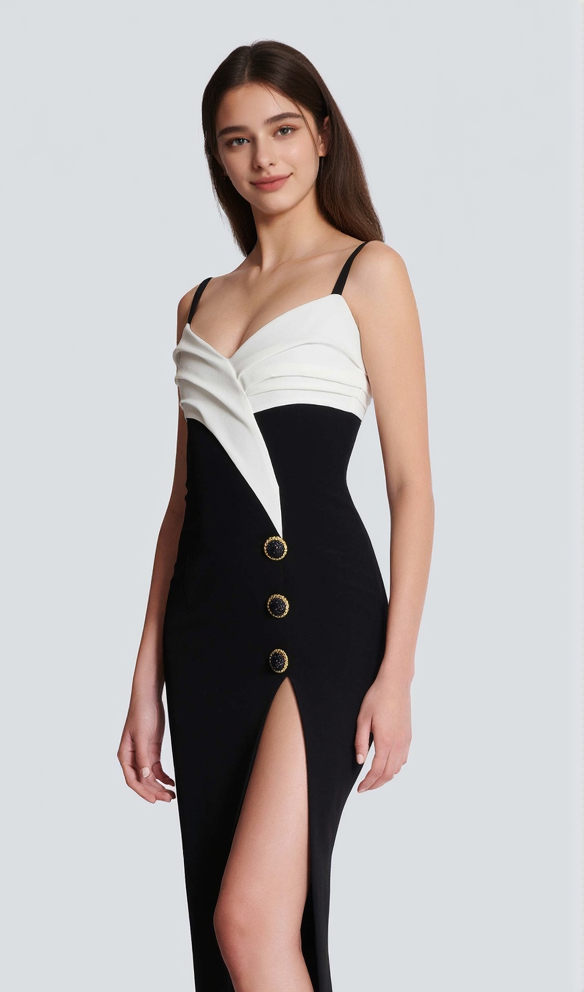 Two-tone crepe maxi dress with leg slit
