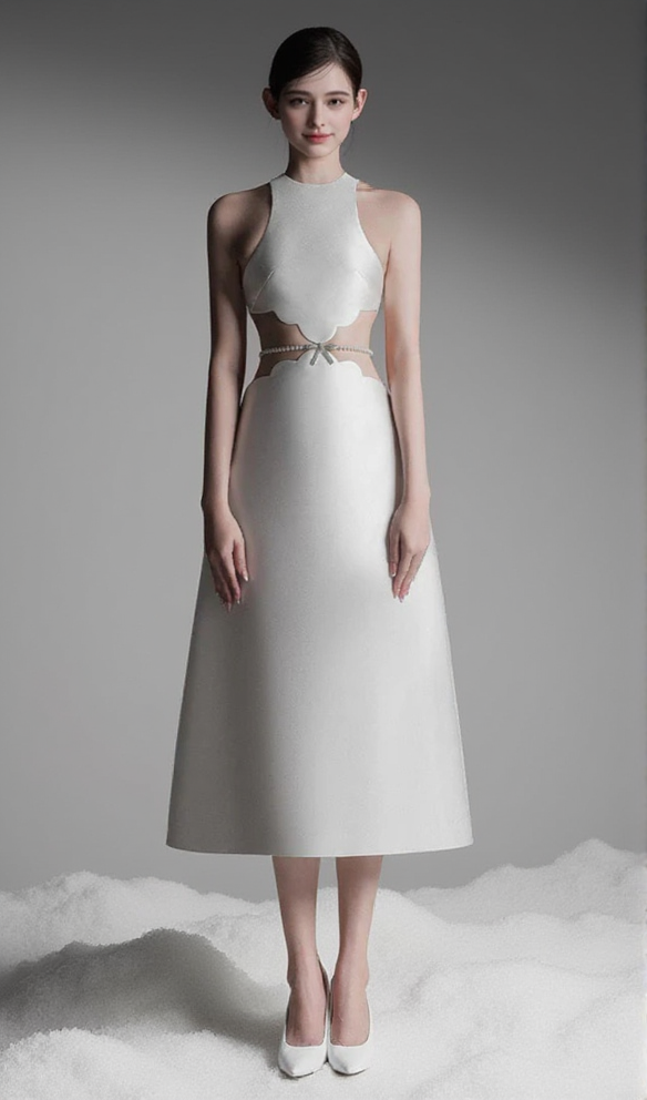 anila pearl chain embellished midi dress in apricot