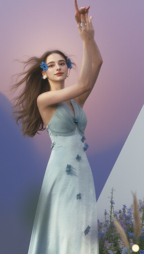 ABITO MIDI CON SCOLLO A V E SCOLLO A V DA PRINCIPESSA A FARFALLA IN AZZURRO CHIARO