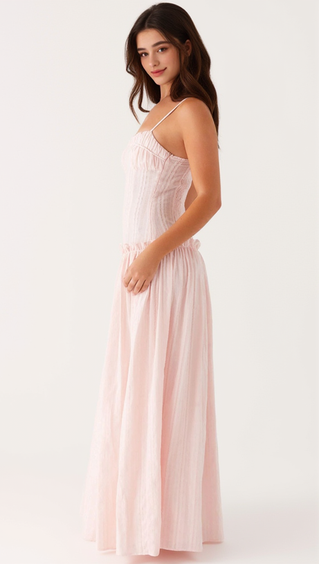 PLEATED BELT CHIFFON STRAPLESS MAXI DRESS IN PALE PINK