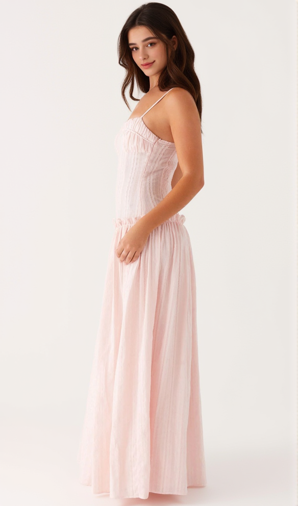 PLEATED BELT CHIFFON STRAPLESS MAXI DRESS IN PALE PINK
