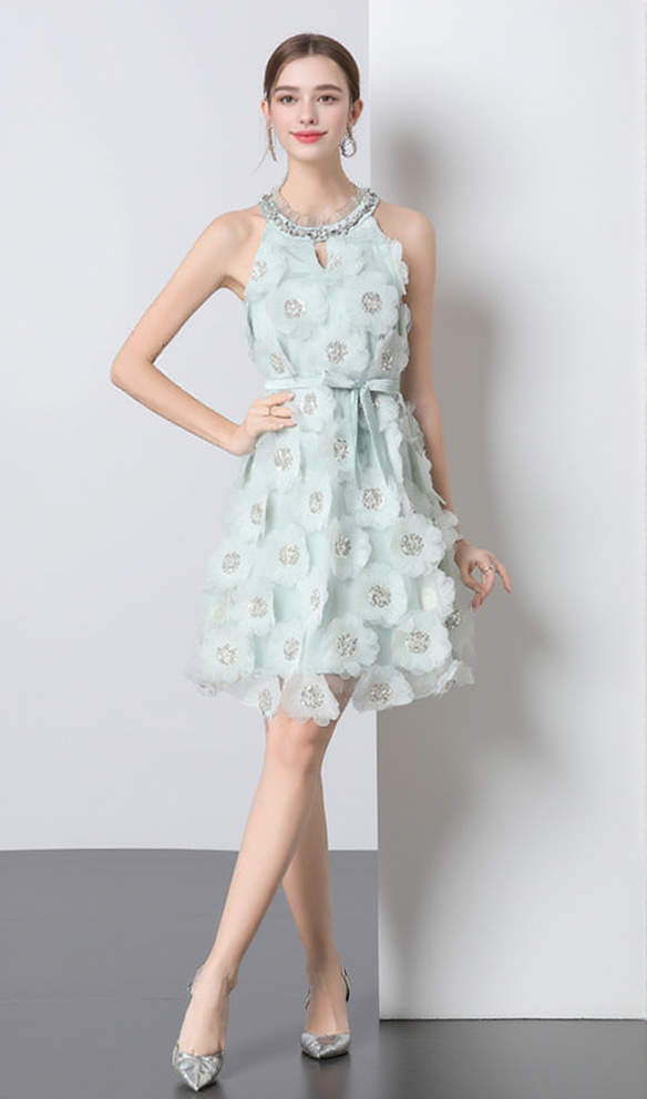 chloe rhinestone 3d flower mini dress in mint