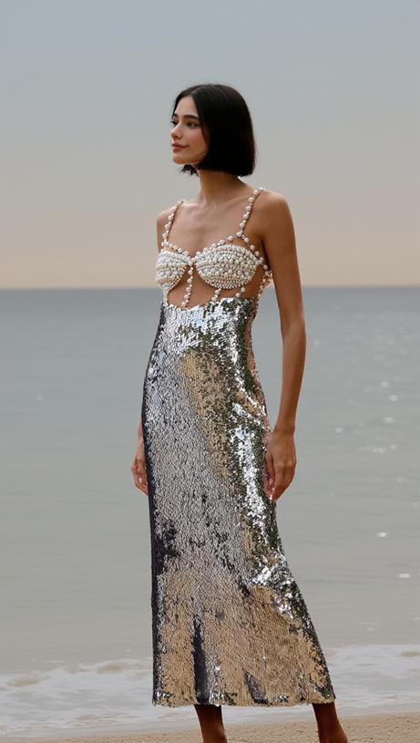 ABITO DA SERA CON PAILLETTES ARGENTO PERLATO E SCOLLO ALL'AMERICANA