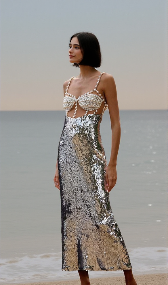 AIIZIE PEARL SILVER SEQUIN EVENING GOWN HALTER NECK MIDI DRESS - product image