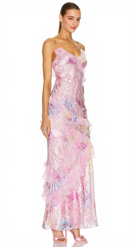 Gerüschtes, farbiges Camisole-Midikleid in Pink