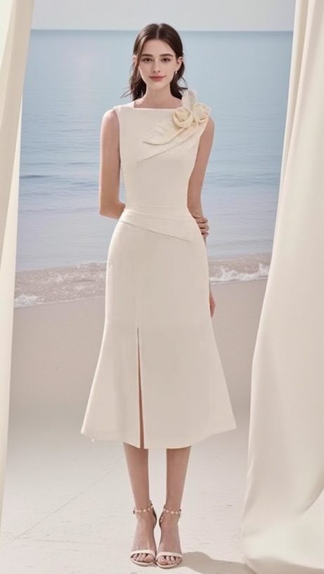 ALANI FLOWER SLIM SPLIT MIDI DRESS IN APRICOT