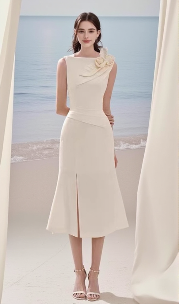 ALANI FLOWER SLIM SPLIT MIDI DRESS IN APRICOT