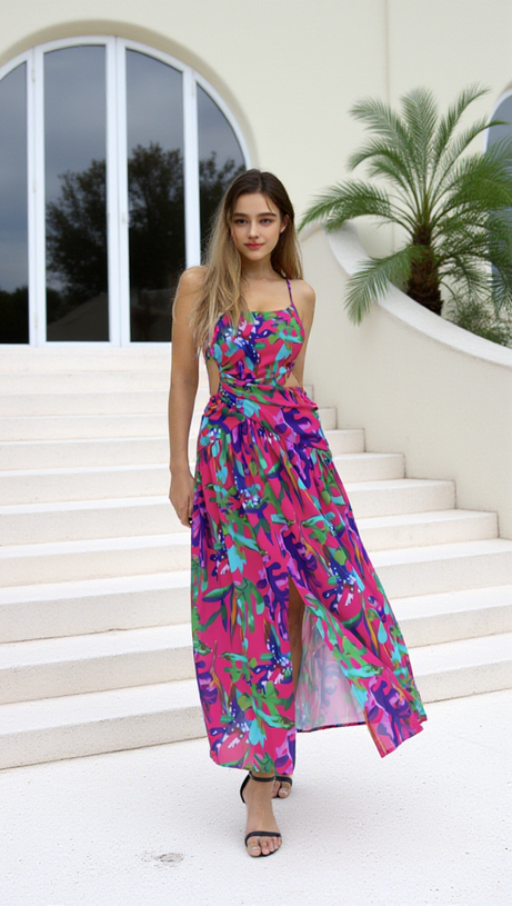 Lila bedrucktes Midikleid mit offenem Rückenschlitz und ausgehöhlter Vorderseite