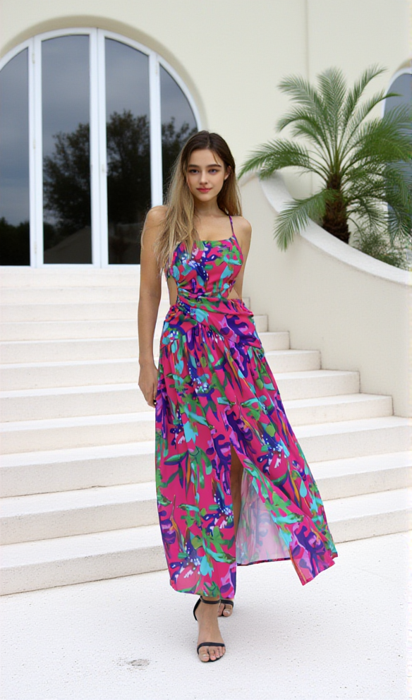 AIIZIE PURPLE PRINTED HOLLOW-OUT OPEN-BACK SLIT MIDI DRESS - product image