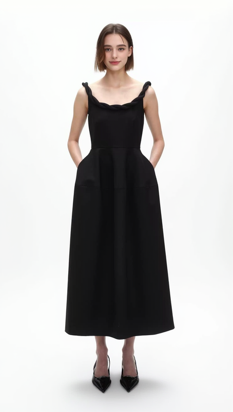 ABITO MIDI MONICA CON SPALLINE INTRECCIATE IN NERO