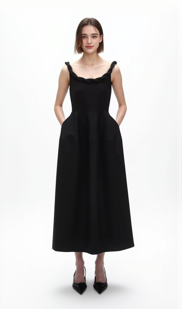 monica Braided shoulder straps midi dress in black