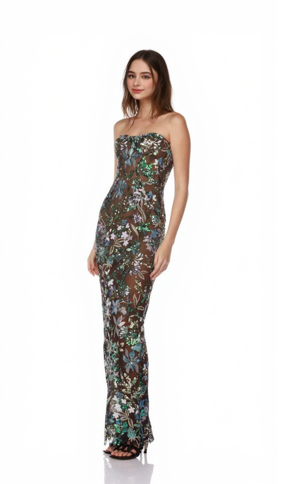 AIIZIE STRAPLESS DAHLIA SEQUINS EMBROIDERED MAXI DRESS GREEN - product image