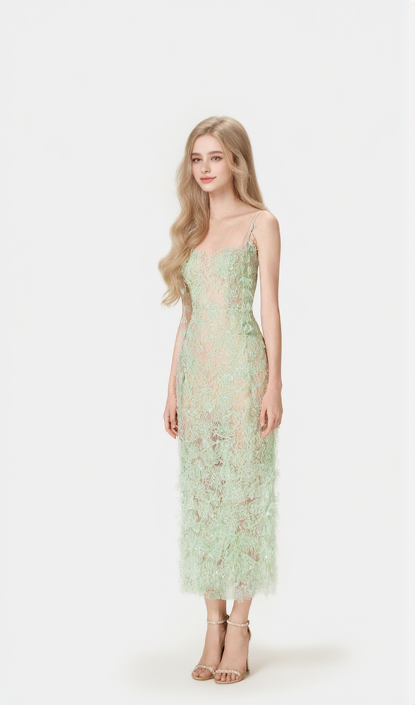 MINT BEADED LACE PENCIL MIDI DRESS