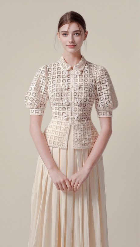 DOUBLE BREASTED LANTERN SLEEVE LACE TOP PLEATED SKIRT SET IN APRICOT