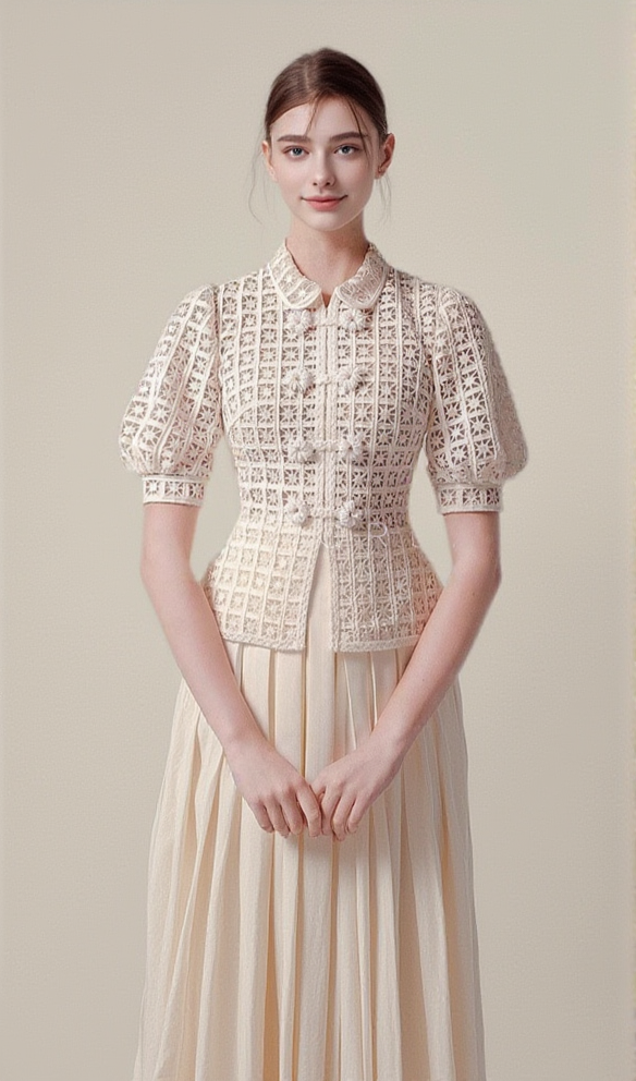 DOUBLE BREASTED LANTERN SLEEVE LACE TOP PLEATED SKIRT SET IN APRICOT