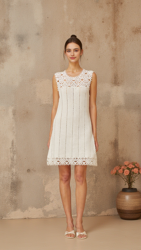 FLORAL CROCHET MINI DRESS IN WHITE