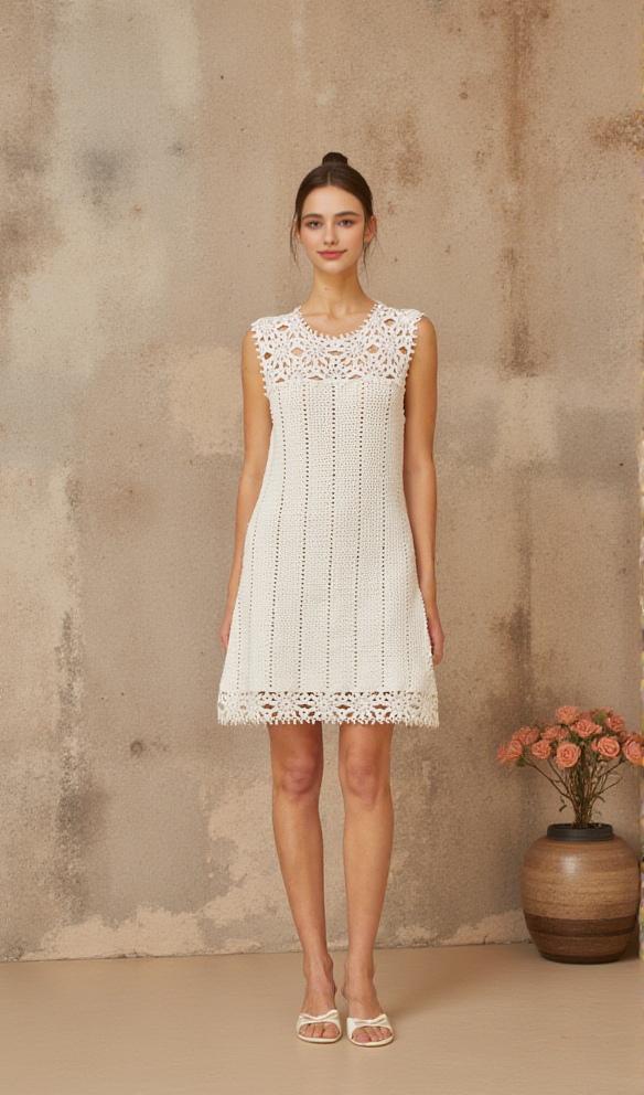 FLORAL CROCHET MINI DRESS IN WHITE