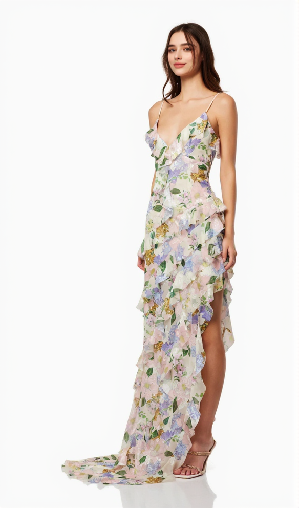 AIIZIE ASYMMETRICAL RUFFLED FLORAL DRAPED MAXI DRESS IN BEIGE - product image