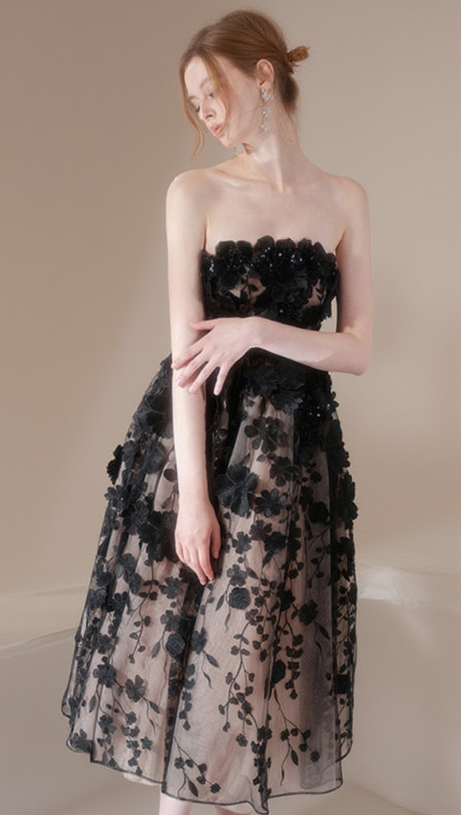 ANNA CRYSTAL FLORAL EMBROIDERY MIDI DRESS IN BLACK