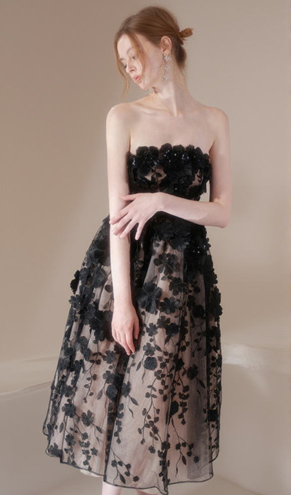 ANNA CRYSTAL FLORAL EMBROIDERY MIDI DRESS IN BLACK