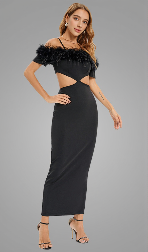 AIIZIE OFF-SHOULDER FEATHER PANEL BLACK DRESS - product image