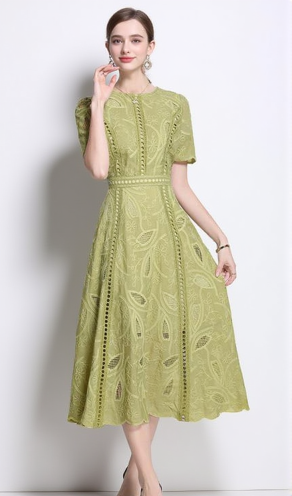 ABITO MIDI IN PIZZO RICAMO DANA HOLLOW VERDE