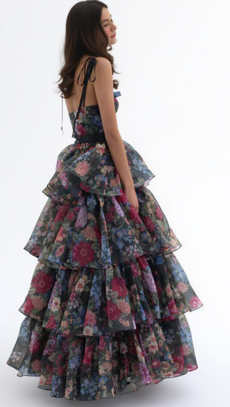 CARLIN FLORAL PRINT CUTOUT LAYER MAXI DRESS