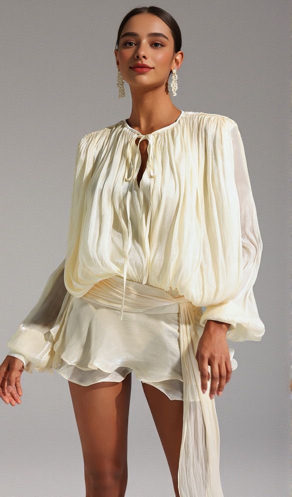 AIIZIE WHITE LONG SLEEVE TIE MINI DRESS - product image