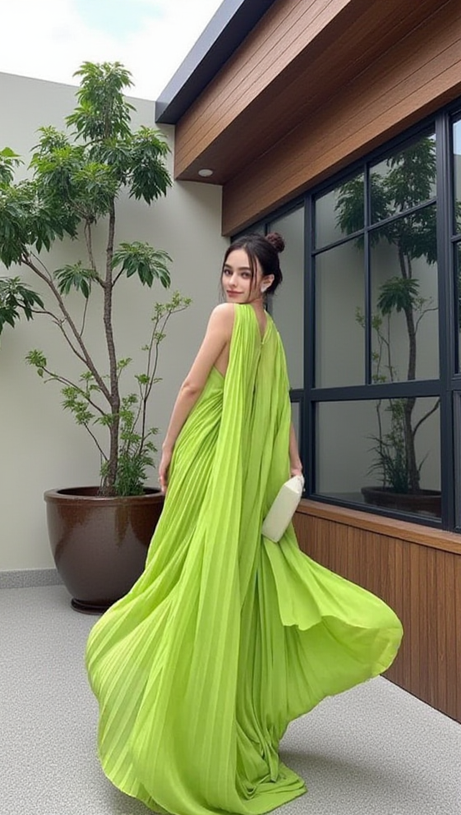 Alyssa plissiertes grasgrünes Maxikleid
