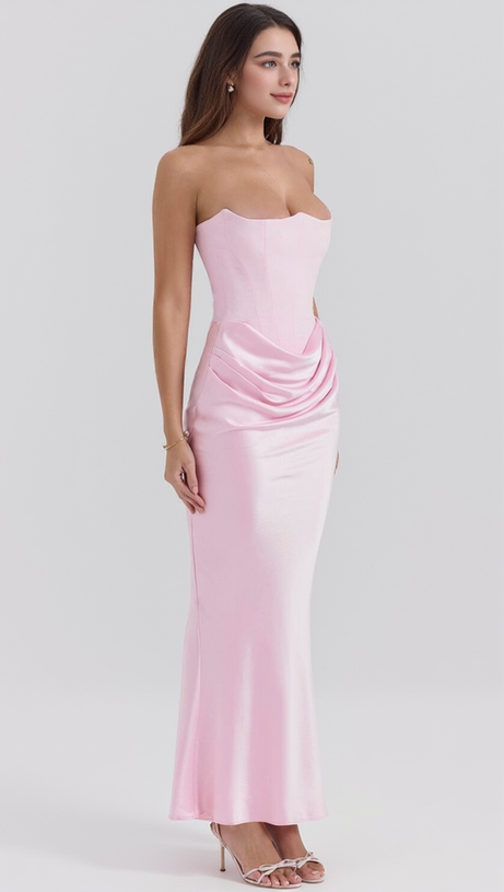 PINK VELVET STRAPLESS CORSET MAXI DRESS