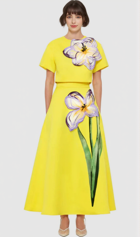 Indie Appliqué Sleeve Iris Print set in Yellow