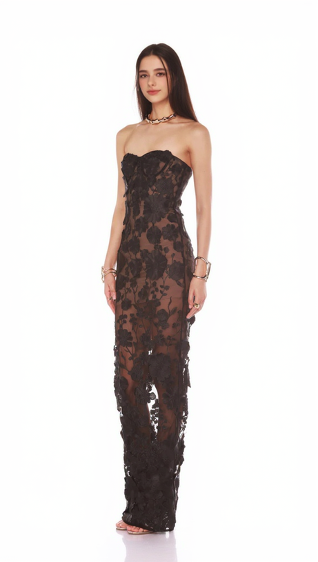 OFF-SHOULDER WITH 3D MESH EMBROIDERED SEQUINS MAXI DRESS BLACK