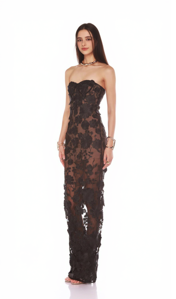 AIIZIE OFF-SHOULDER WITH 3D MESH EMBROIDERED SEQUINS MAXI DRESS BLACK - product image